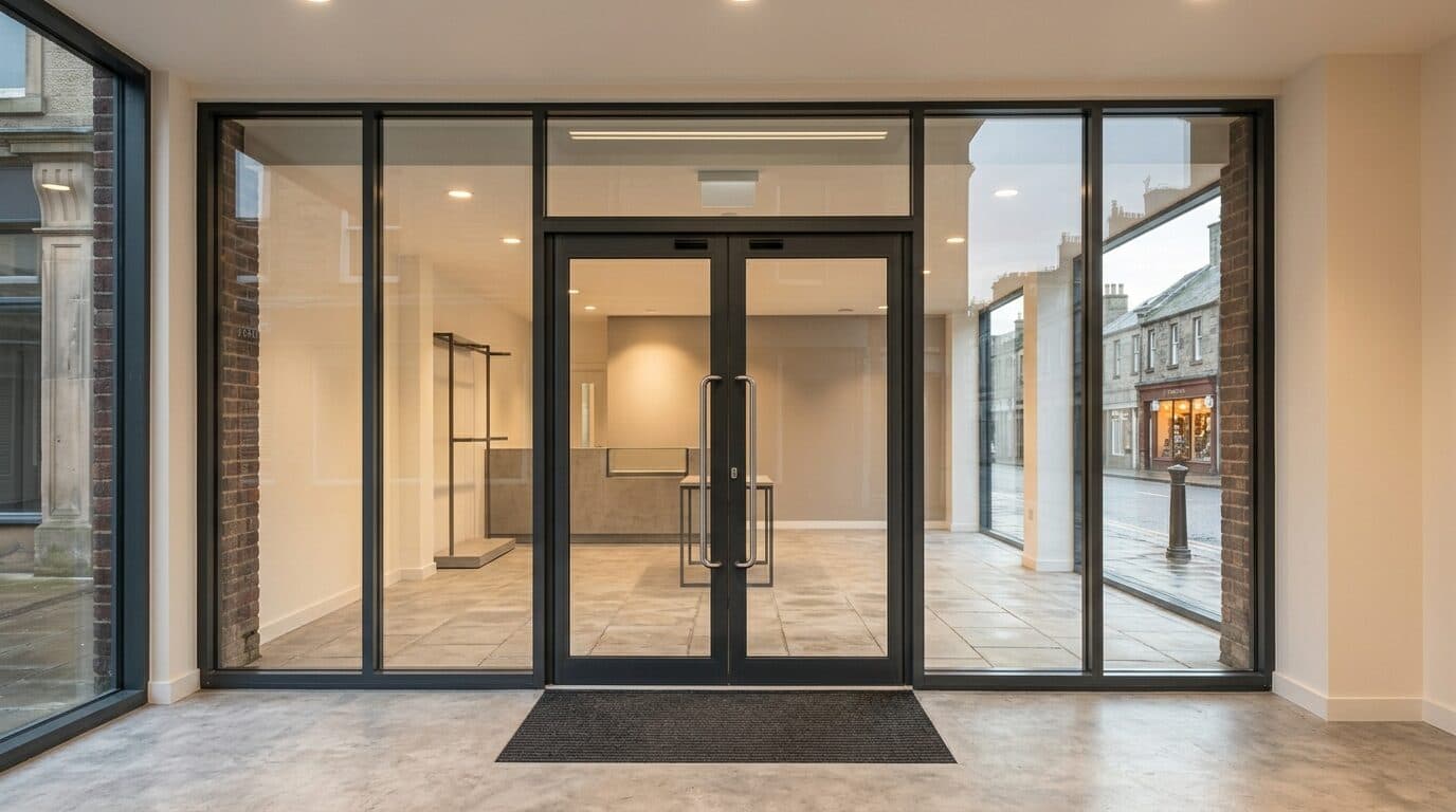 Interior view through modern aluminium shopfront
